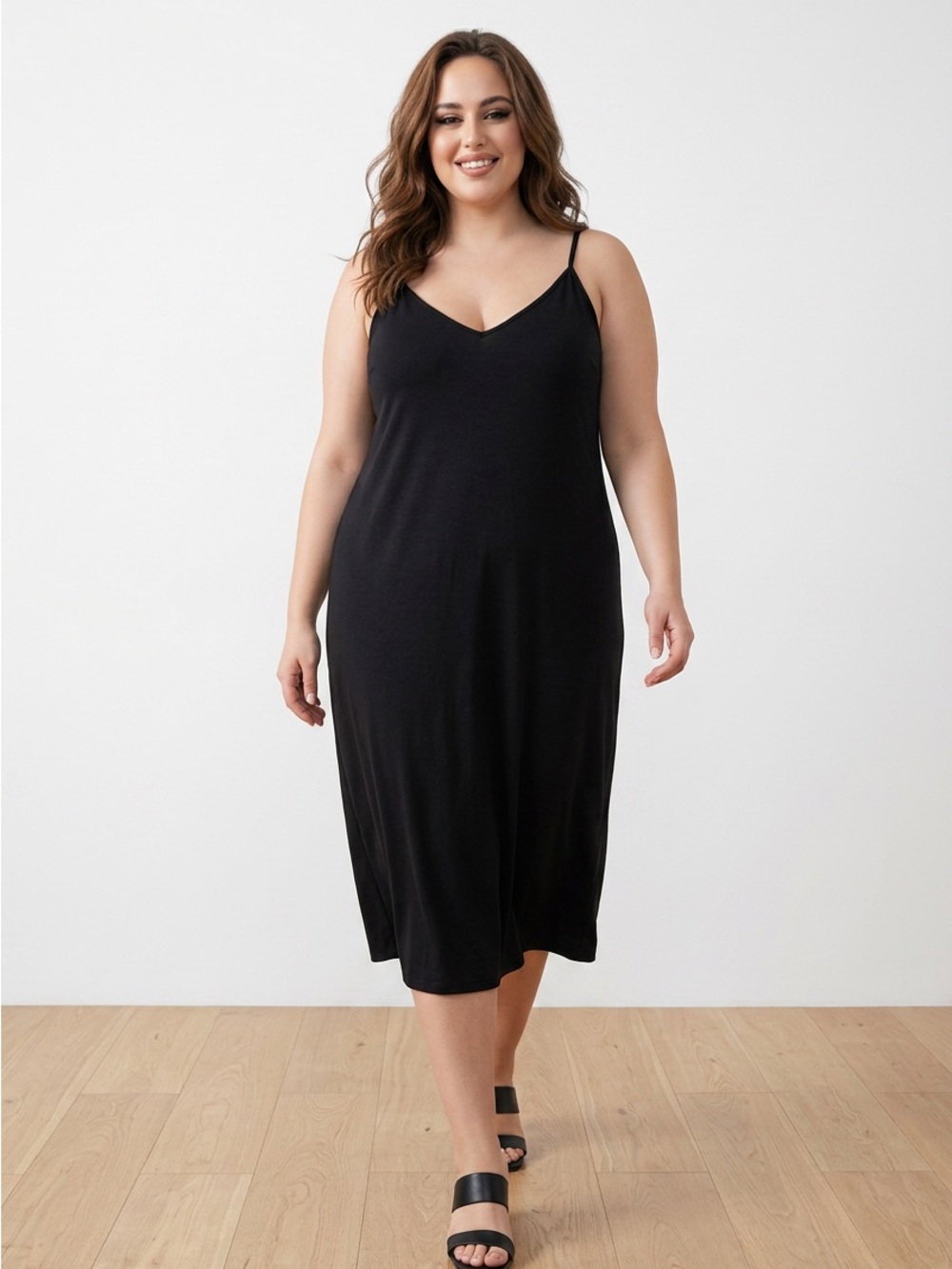 SHEIN Black V-Neck Midi Slip Dress with Spaghetti Straps